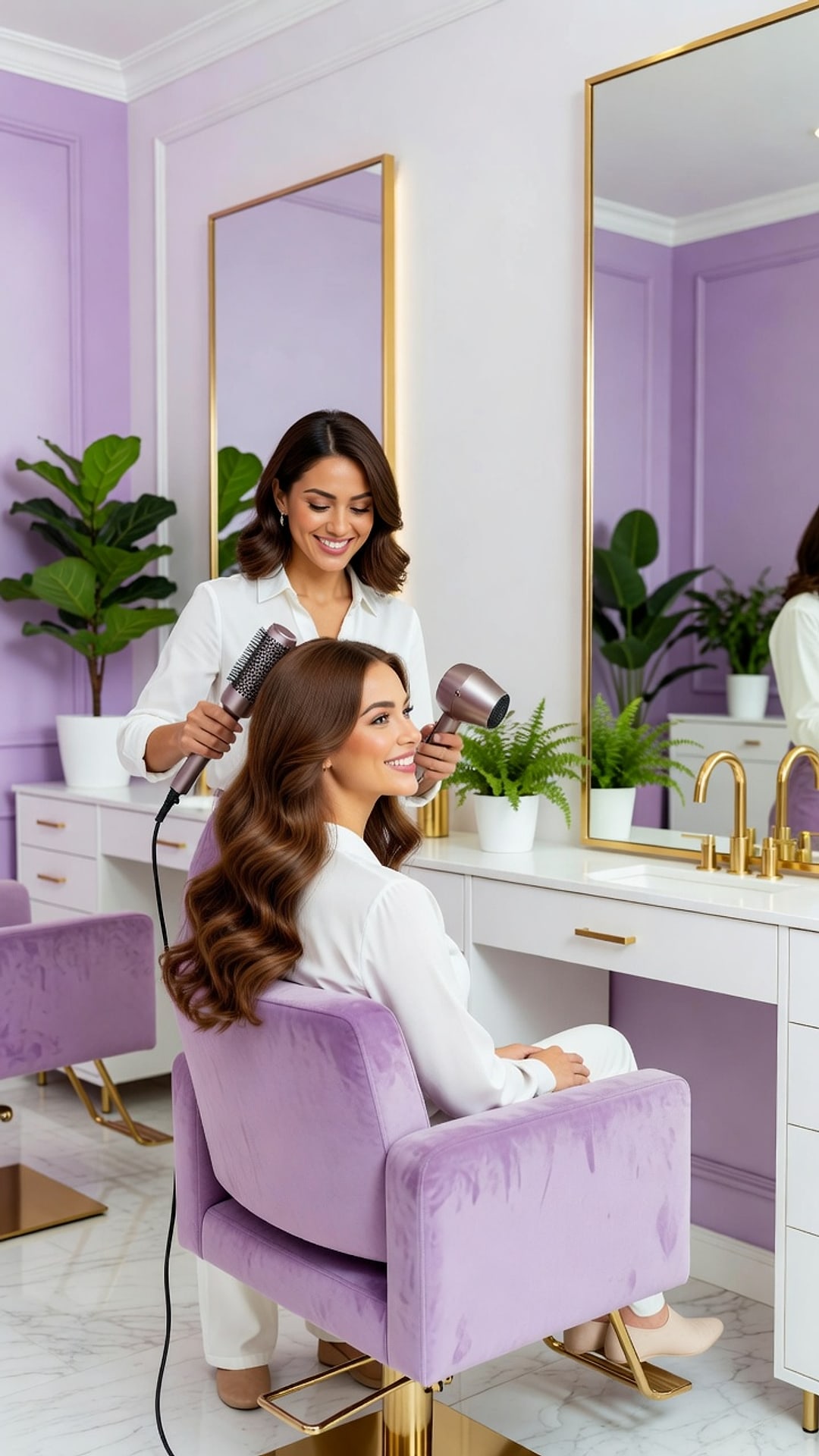 A stylist finishing a client's blowout in a bright lavender salon